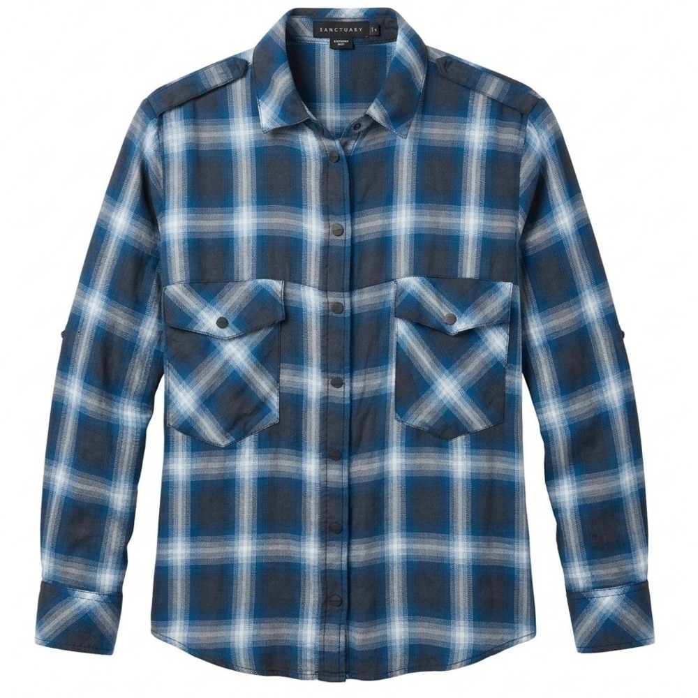 Sanctuary Boyfriend Shirt Women's M Plaid Rayon Button Down Blue White Plaid